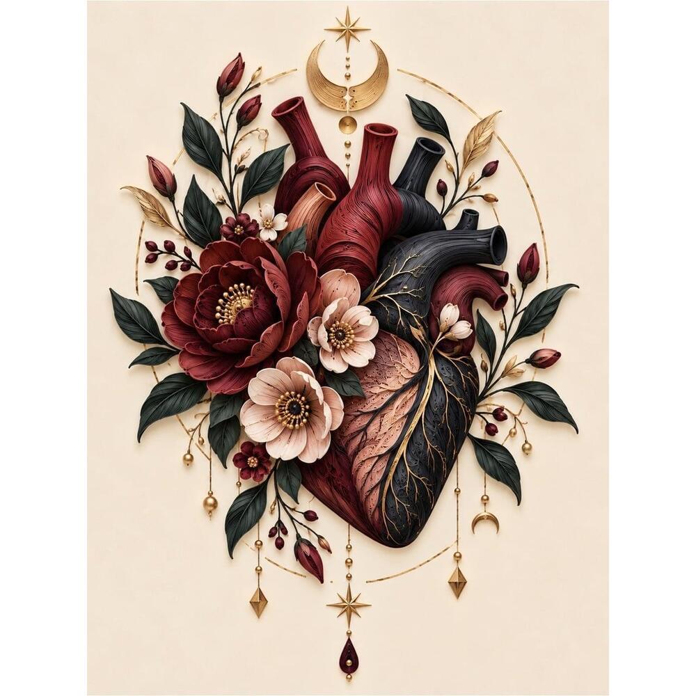 8x10 Framed Floral Anatomical Heart Art Print in Burgundy, Black & Gol